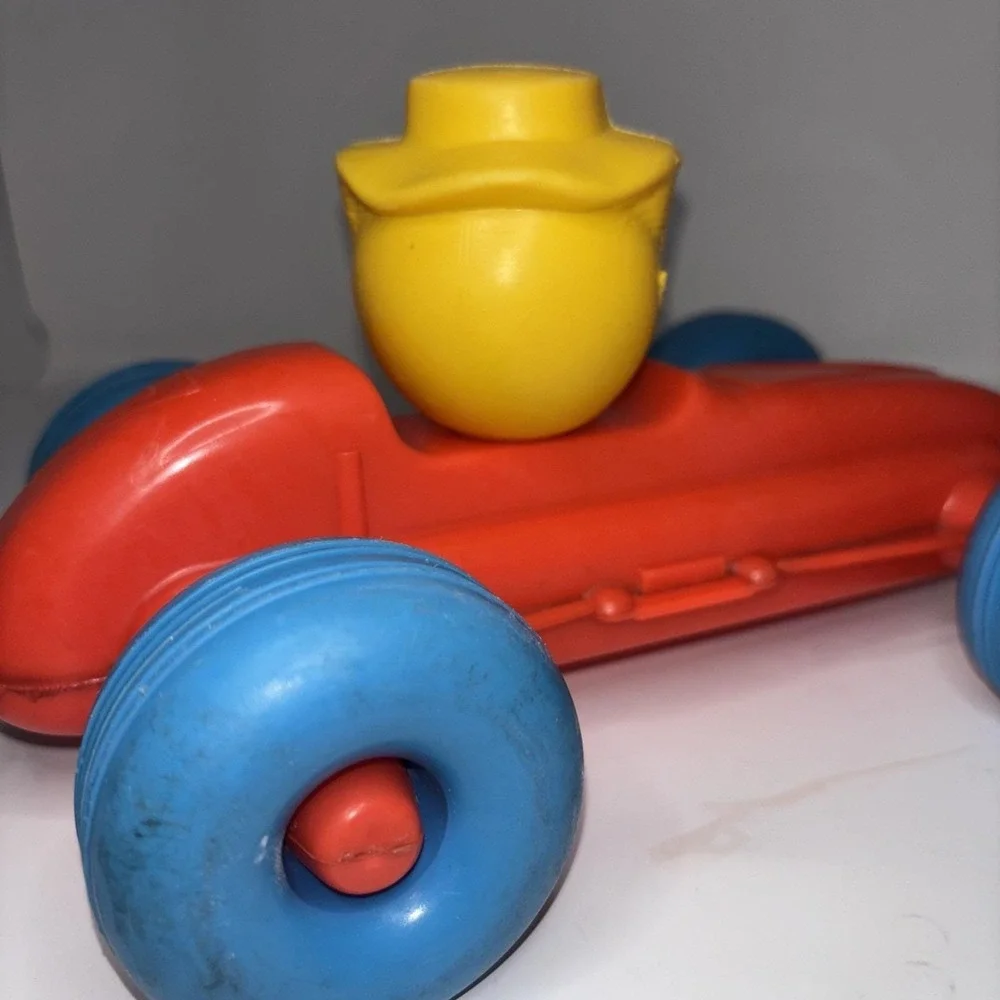 Vintage 1960s Plastic Pull Race Car Red Blue Yellow Driver Toy AS‎ IS